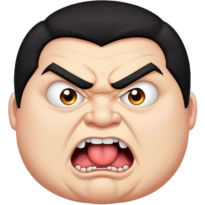 young angry fat man in profile view with black hair, fangs, crossed eyes, long tongue sticking out emoji