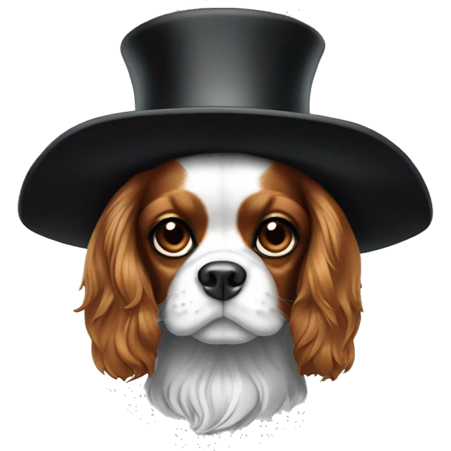 Un cavalier King Charles noir et blanc, avec un chapeau haut de forme chic noir emoji