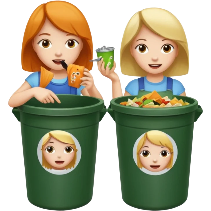 2 girls in a garbage can eating food emoji