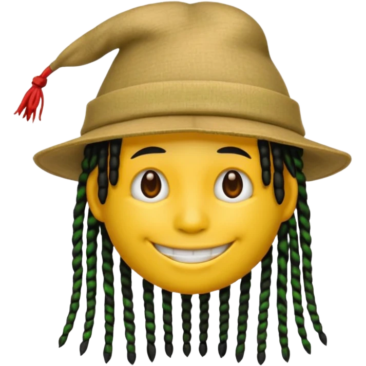 Yellow smile emoji with black dreads and a hat split vertically with three parts with red at the top yellow in the middle and green at the bottom emoji