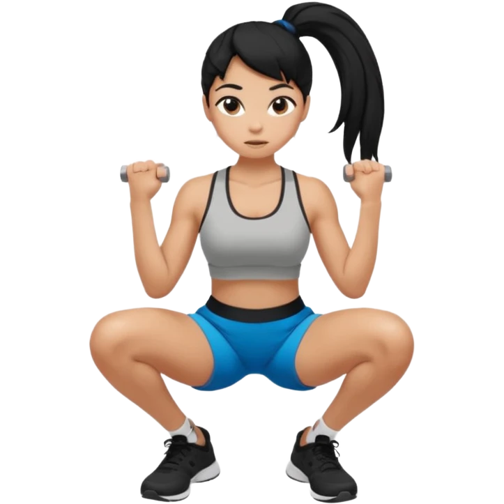 Women with long black ponytail doing a squat emoji