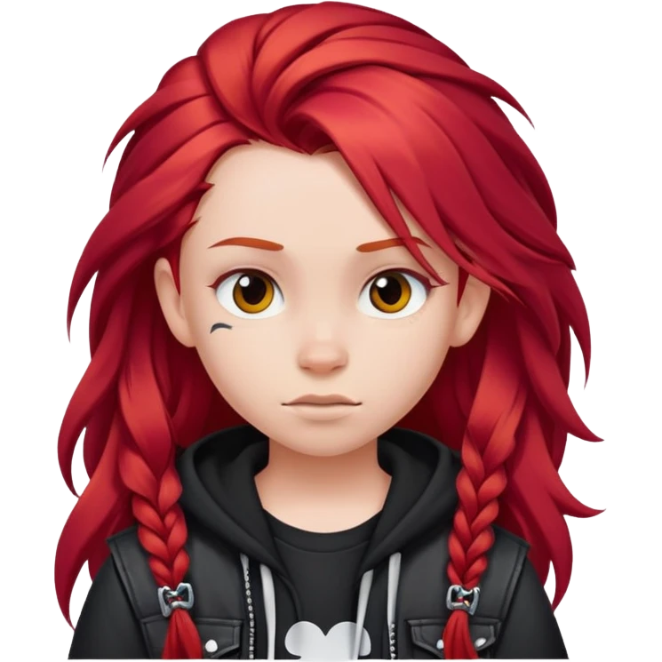 Preteen with long flowing red hair with punk clothes cartoon Disney emoji style emoji