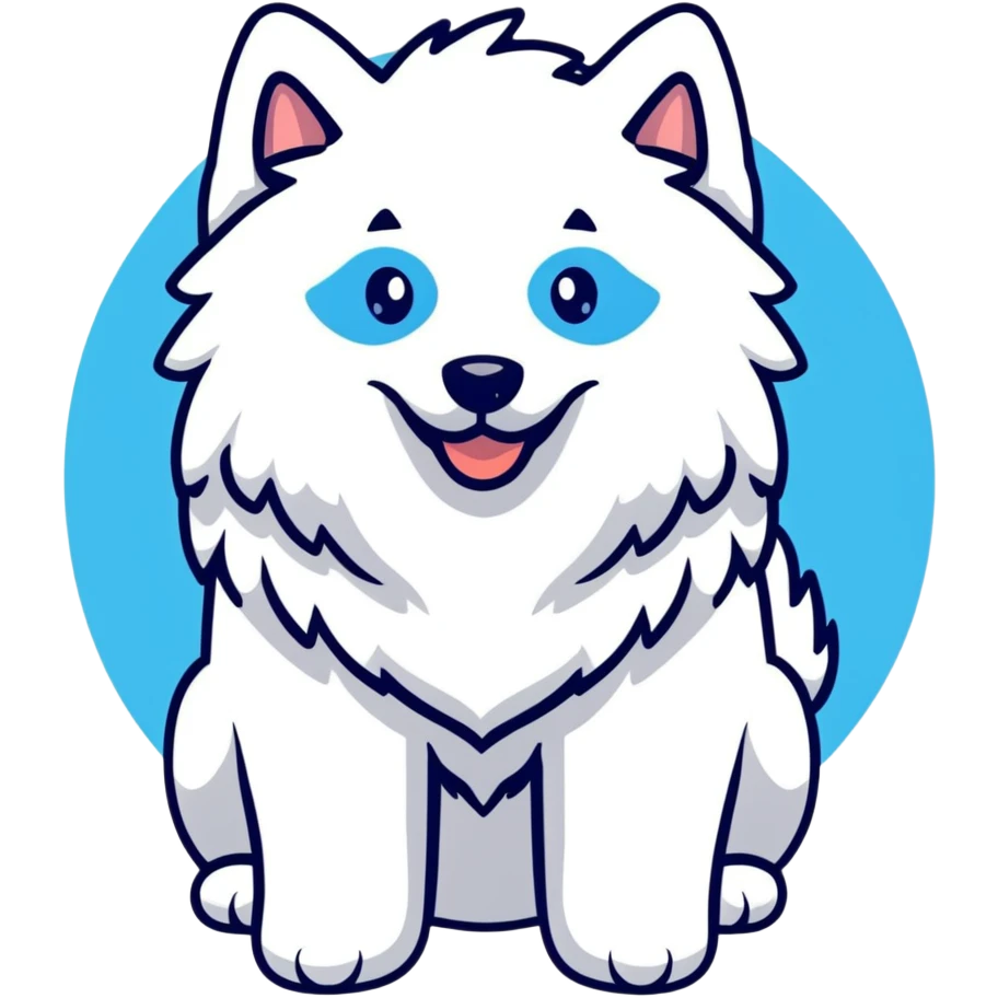 fluffy white Samoyed dog with blue eyes, smiling emoji