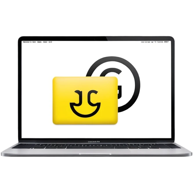 a macbook with a bright neon yellow background and the two black letters in helvetica on the screen saying "GG" emoji