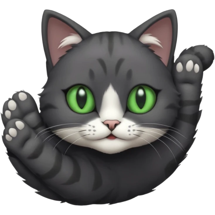 solid dark grey cat with green eyes, completely solid grey face, white toes/paws playfully rolling upside down emoji