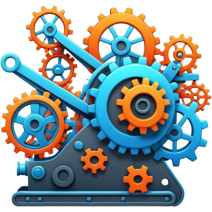 A whimsical content factory powered by AI, where ideas are turned into digital masterpieces, gears and conveyor belts moving with glowing social media icons, futuristic and colorful. emoji