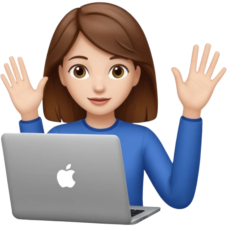 white girl with brown hair using a laptop, waving emoji