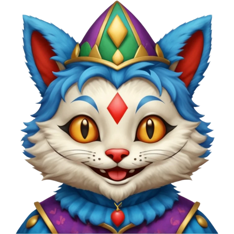 crazy colorful cute little cat jolly joker from poker, medieval, vintage, court jester, mac os squared icon, blue color emoji