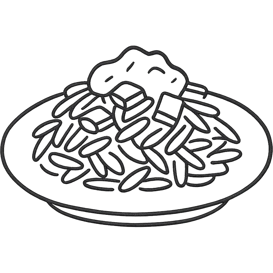 A plate of risoni, topped with small pieces of bacon with cream emoji