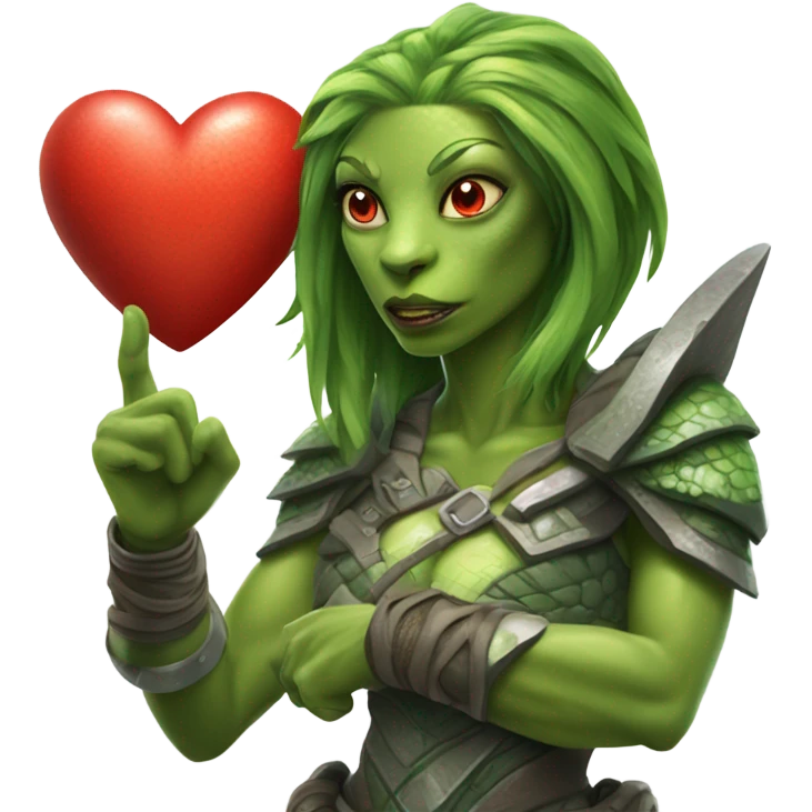 a Reptilian alien amazon woman full body, holding big red heart emoji