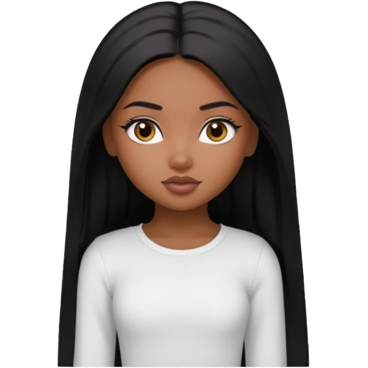 a pretty bratz brown girl with long straight black color hair and a white full sleeve emoji