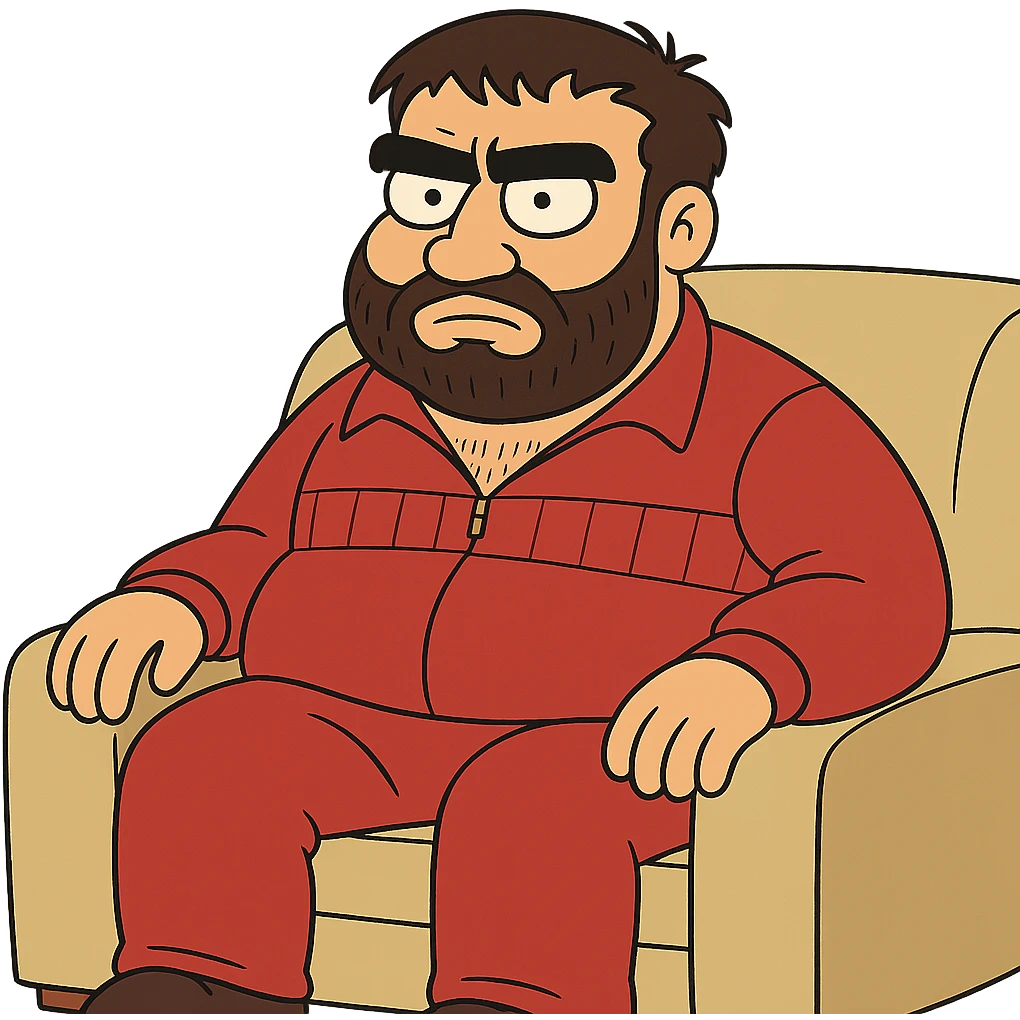 Recep İvedik, iconic Turkish character, bushy eyebrows, mustache, red tracksuit, sitting on a couch, flat toon style emoji