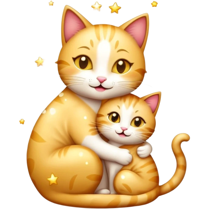 happy mom cat hugging her happy kitten, surrounded by sparkles, emoji style emoji