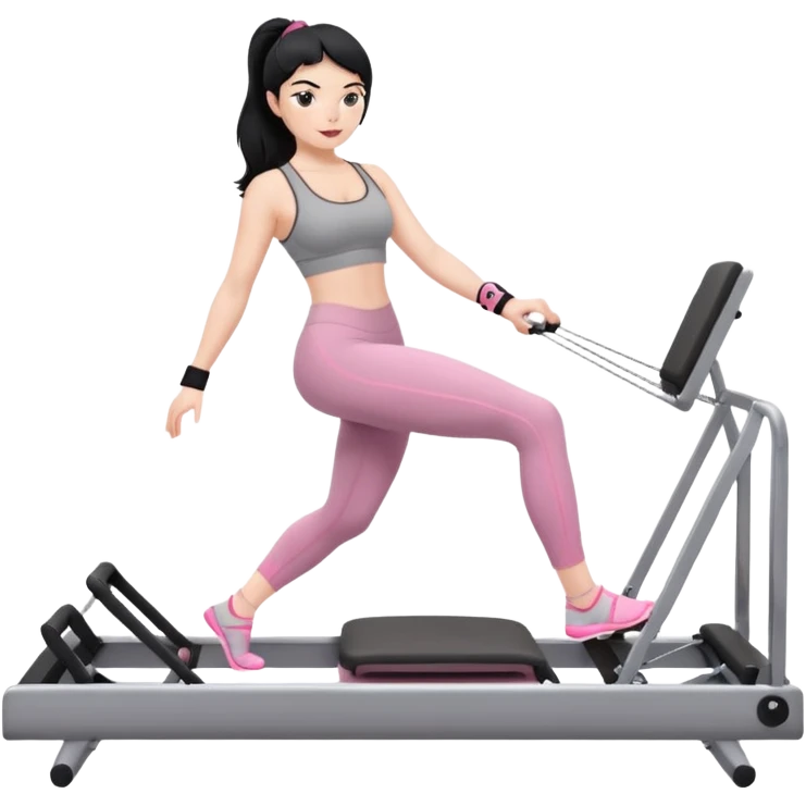 Create a Pilates emoji: a girl with fair skin and black hair, wearing a grey bra and grey leggings with pink pilates socks, exercising on a pilates reformer and not looking at the camera emoji