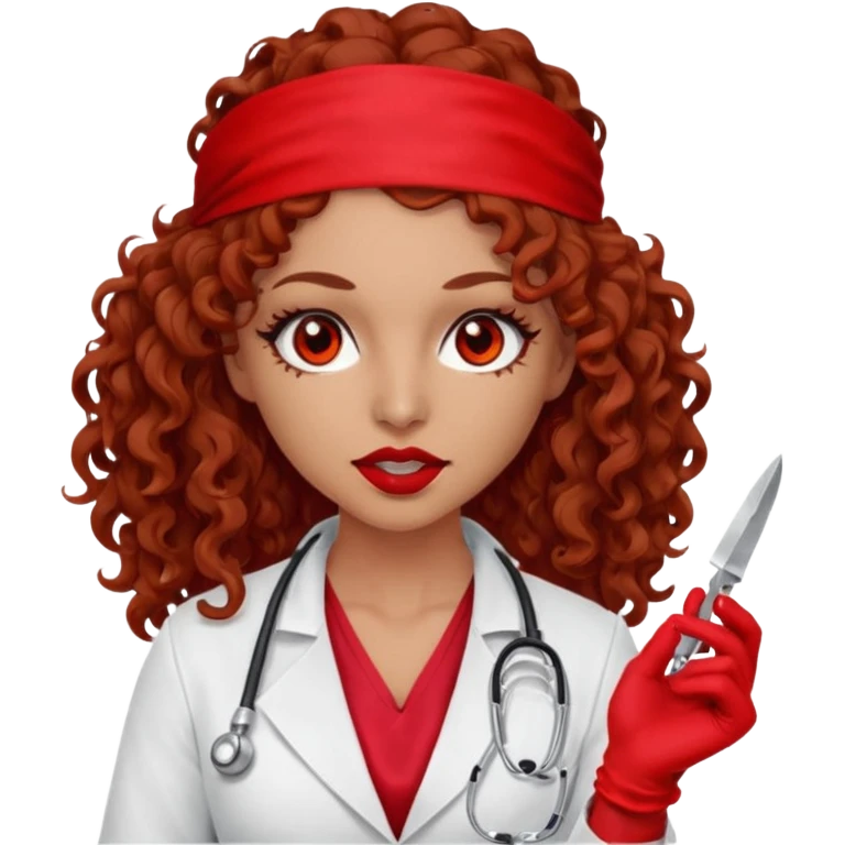 Lilith scalpel in hand, evil surgeon sexy surgeon clothes.  She has red eyes.Her  brown long curly hair. Wears sexy doctor outfit with red gloves. Hides mouth necknose with red bandana to hide her identity. Hair is long and brown emoji
