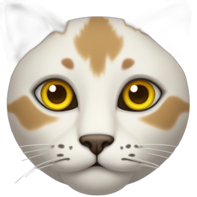 cat with white head and at the top of the head some cyper color, yellow brown eyes, dirty looking emoji