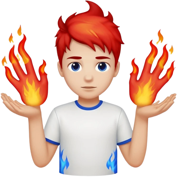 A boy with no hands fire instead made out of red fire and ,blue fire only on a white shirt that the boy is wearing  emoji