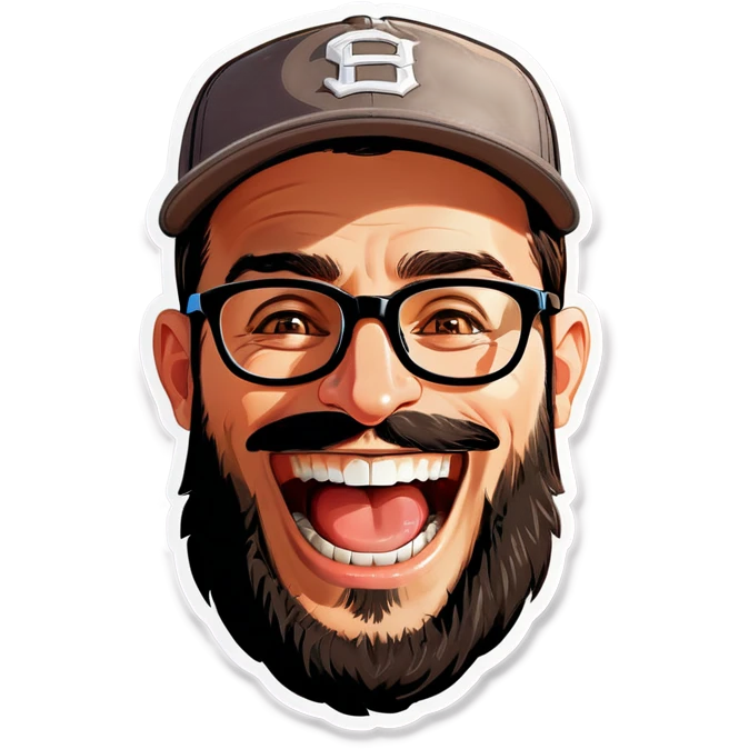 A man with a grey baseball cap, hazel eyes, big dark brown beard and glasses, laughing emoji