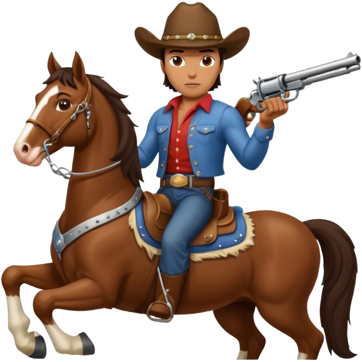 I need a very muscular brunette cowboy riding a large Clydesdale horse shooting a gun in both handles. emoji