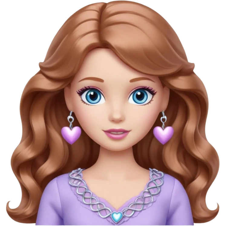 Barbie girl Chestnut long wavy hair and blue eyes is In pale purple clothes There are silver hearts all around emoji
