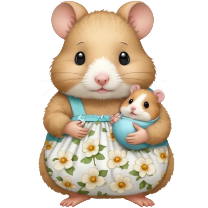 Mama white pretty hamster girl wearing white floral dress holding a baby hamster wearing nappy and dummy emoji