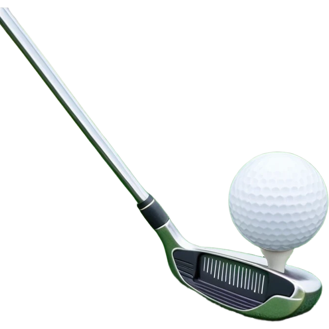 A golf ball positioned next to a golf club on a well-manicured green, with the lush grass of the golf course in the background. The setting captures the peaceful yet competitive atmosphere of the sport, focusing on the precision and skill required for the perfect shot emoji