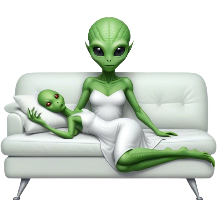 hyper-realistic reptilian green alien woman, in white dress, lie on couch comfy, full figure emoji