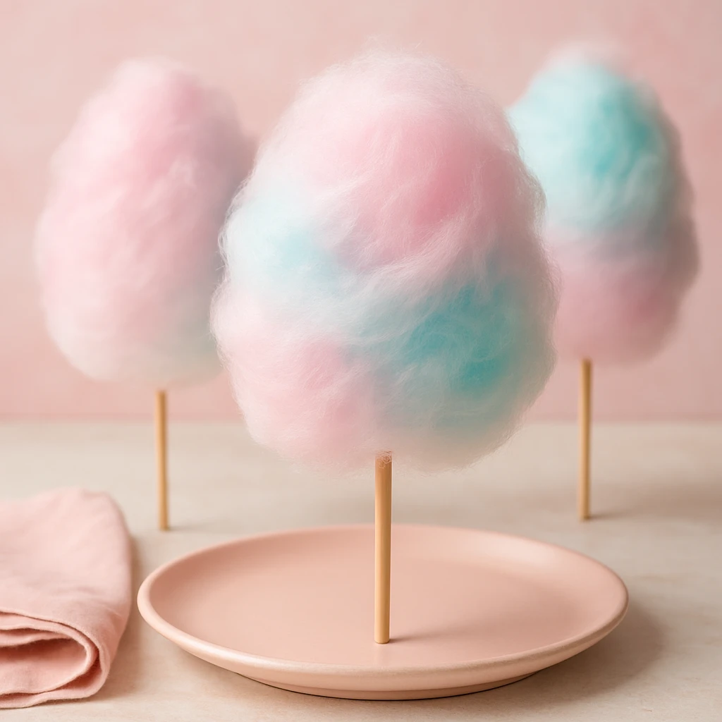 cotton candy in a food photography style, realistic, soft lighting, pastel colors emoji