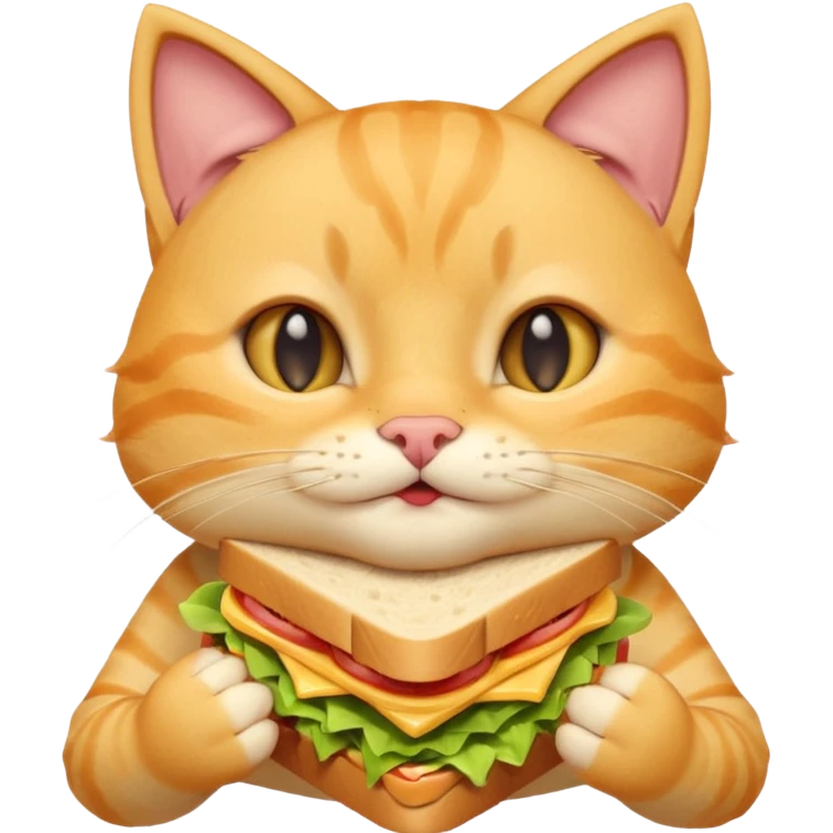 cute yellow cat portrait, head and shoulders only, biting a sandwich, cheeks full, funny expression, 3D cartoon, mobile game icon style, clean background, no text, no watermark
 emoji