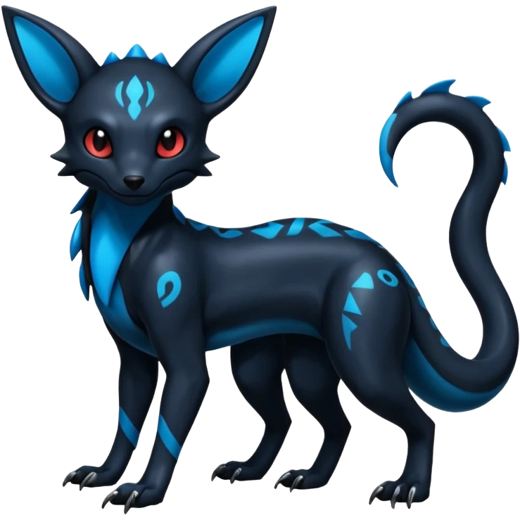 Shiny Dark Edgy Black And Blue Umbreon-Salandit-Wolf-Fakémon-hybrid-creature (full body)  emoji