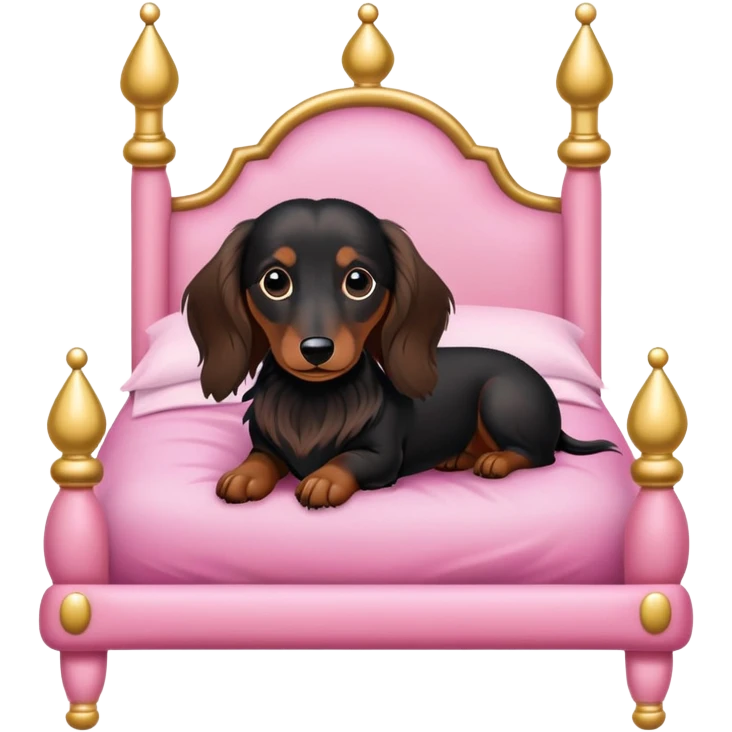 Dachshund long haired in a pink princess bed black fur white underneath and brown feet emoji