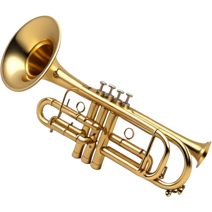 Create a sleek and professional emoji representing a Stomvi trumpet. The design should showcase the shiny, polished brass body of the trumpet with its distinct bell, valves, and tuning slides. Highlight the intricate keywork and the valve pistons, with detailed metallic accents and subtle reflections on the surface. The mouthpiece should be visible at the top of the instrument. Use golden and brass tones with light reflections to emphasize the smooth, high-quality finish. Add a few musical notes floating around the trumpet to evoke its bright and resonant sound. The background should be transparent. emoji