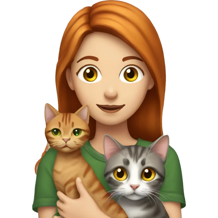 red haired girl with green eyes holding a brown and gray tabby cat with yellow eyes emoji