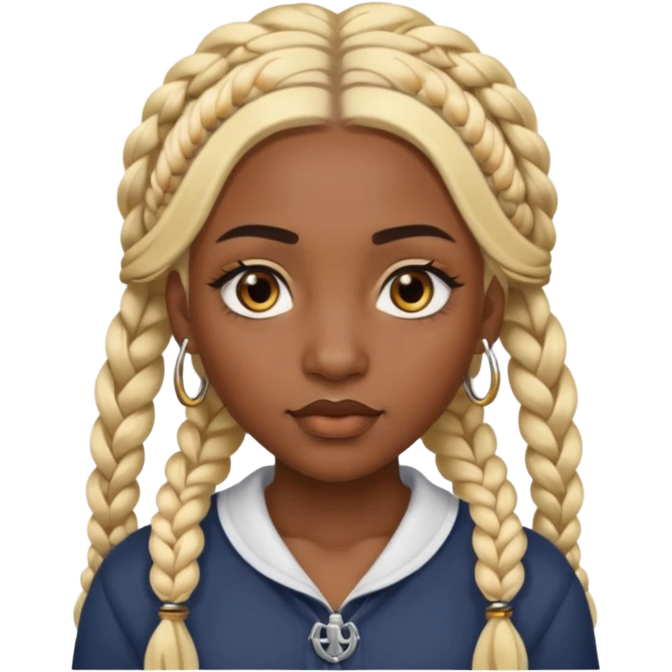 A dark-skinned woman with long blonde hair styled into two thick braids. She has large golden-brown eyes and arched eyebrows. Her face is decorated with piercings: a silver eyebrow ring, a nose stud, and a lip ring. emoji