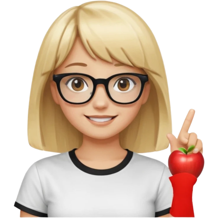 smiling girl with blonde hair, bangs, and brown eyes, wearing black square glasses and a white oversized T-shirt, pointing her finger up to the right, Apple emoji style emoji