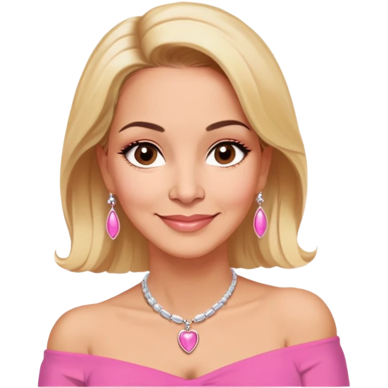 Puerto Rican actress Linette Torres in her 50s with warm light skin, sweet loving expression, gentle kind eyes, well-defined eyebrows, straight nose, warm smile, shoulder-length blonde hair, wearing a pink off-shoulder strapless top and a necklace emoji