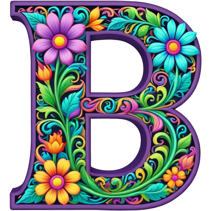 3D, gothic style psychedelic colored Letter D with hippie style flower border emoji