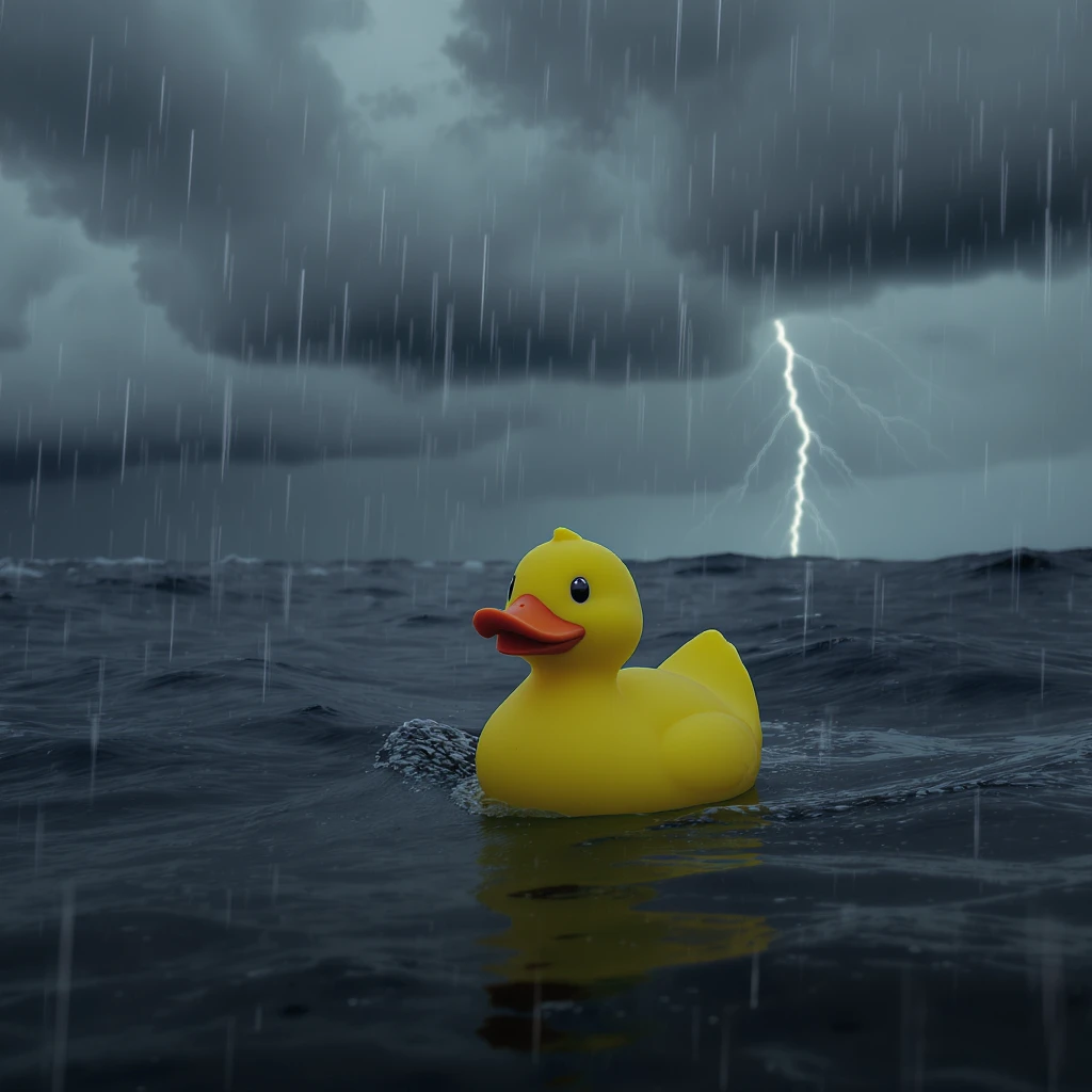 Cinematic still, Closeup shot of Yellow duck toy on ocean during storm, inspired by interstellar  emoji