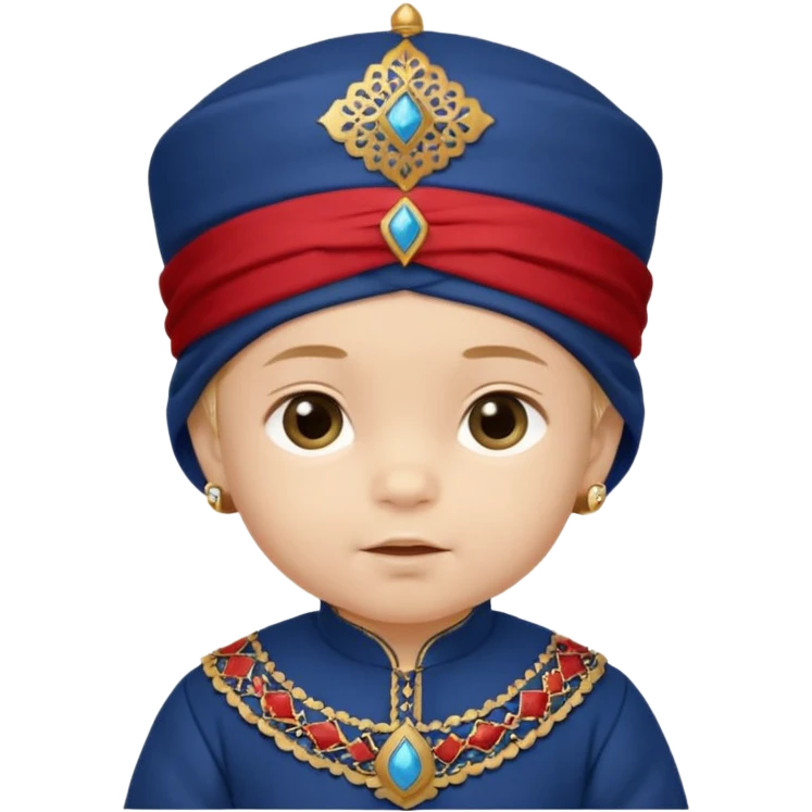 Caucasian baby boy dressed in a dark blue ghalibiya with delicate decorations with a Red Moracain hat  emoji
