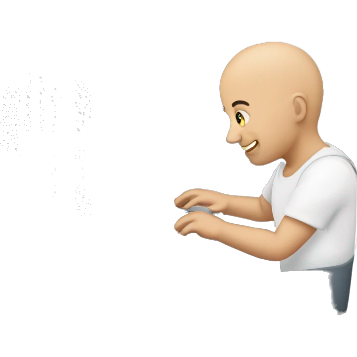 bald man wearing a baby in a baby carrier typing on computer. he shold bestanding with the baby on the front emoji