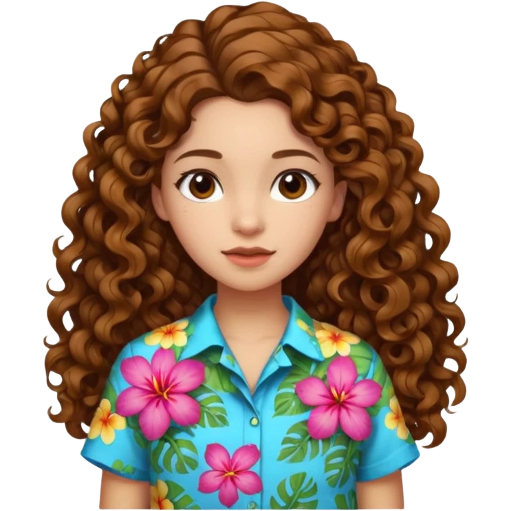 Chica morena clara de ojos marrones cabello rizado largo de lado y una flor hawaiana en el cabello  emoji