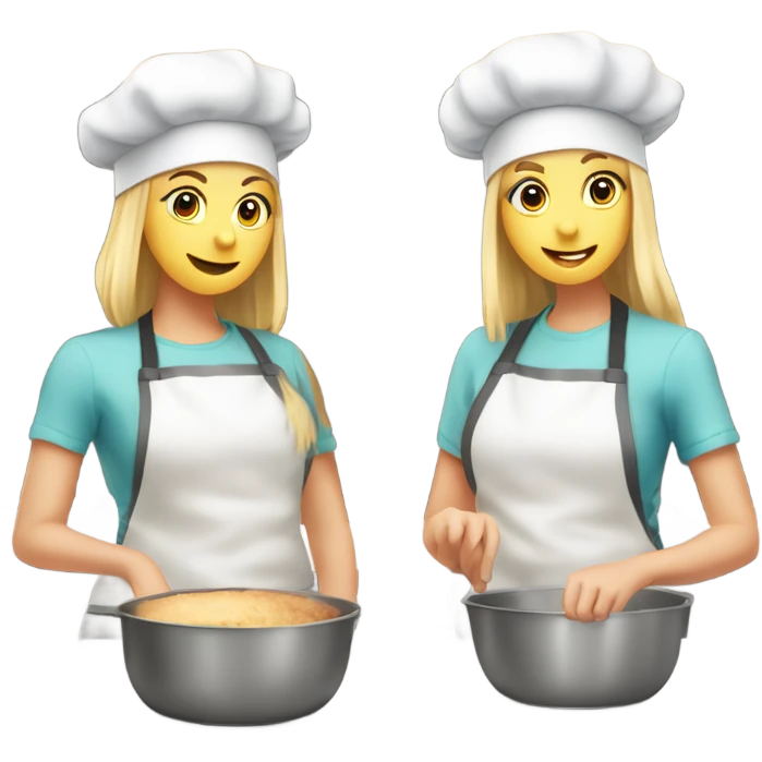 To teenage girls are blonde and a brunette baking they’re wearing baking hats and standing beside each other. One is whisper in a bowl and the other is baking something else. emoji