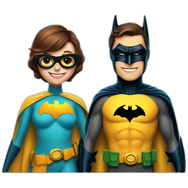 batman and robin where batman smiles and weares glasses and robin is female emoji