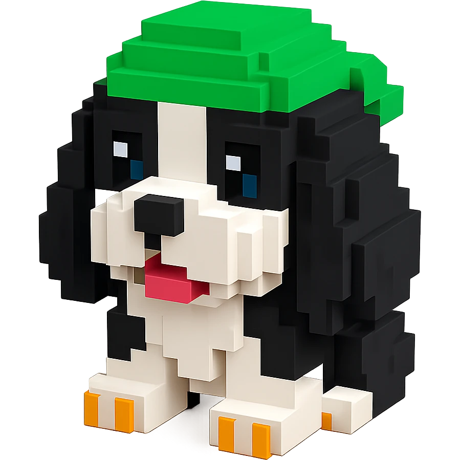 A black and white Russian Cocker Spaniel puppy wearing a green durag, voxel style, facing forward emoji