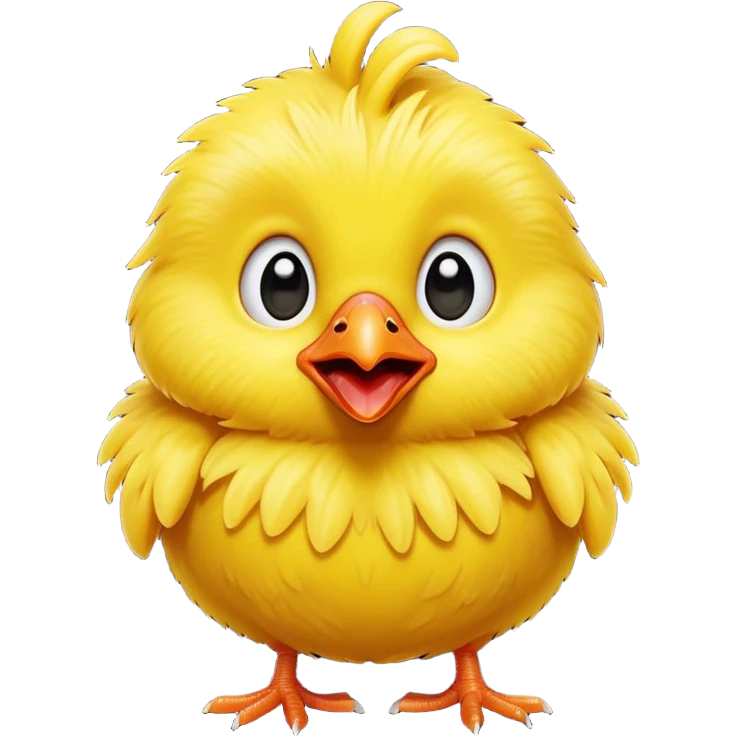 Cinematic Comical Yellow Baby Chicken Portrait Emoji, Head tilted dramatically with an exaggeratedly amused expression, featuring a striking, fluffy yellow downy coat with a tiny quirky red comb, wide, expressive beady eyes filled with playful disbelief, Simplified yet hilariously expressive features, highly detailed, glowing with a slightly sassy glow, high shine, dramatic yet playful, stylized with an air of cheeky mischief, bright and endearing, soft glowing outline, capturing the essence of a spirited and over-the-top chick, so meme-worthy it feels like it could peep its way into internet fame instantly! emoji
