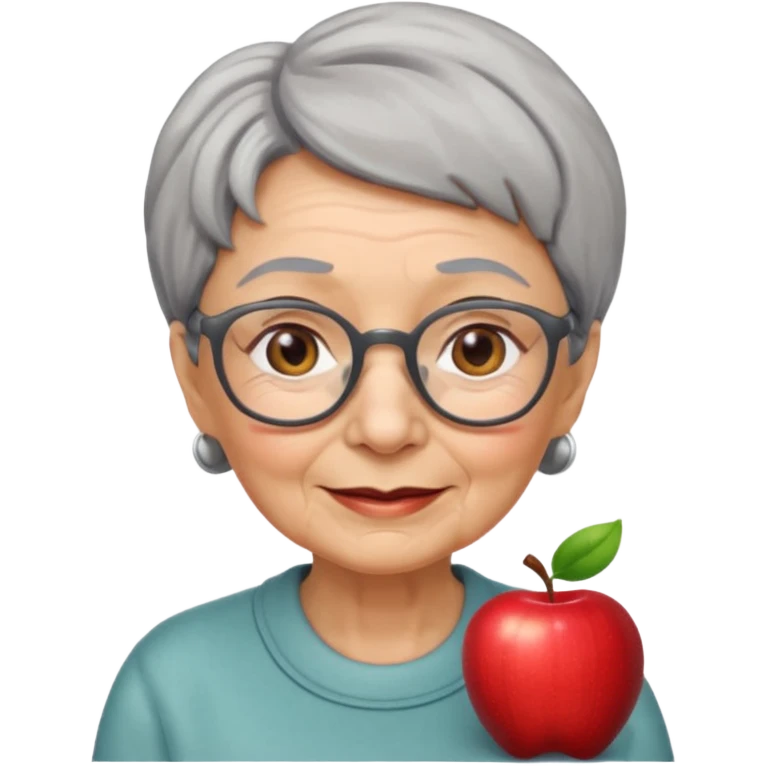 emoji of an elderly woman with wrinkles, short hair, glasses, friendly expression, Apple emoji style emoji