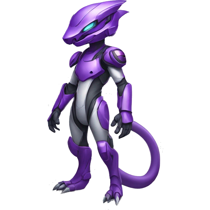 A purple Reptile-Raptor-Genesect-Mewtwo-Fakémon, with a futuristic visor-helmet, wearing a techwear-suit, Full Body emoji