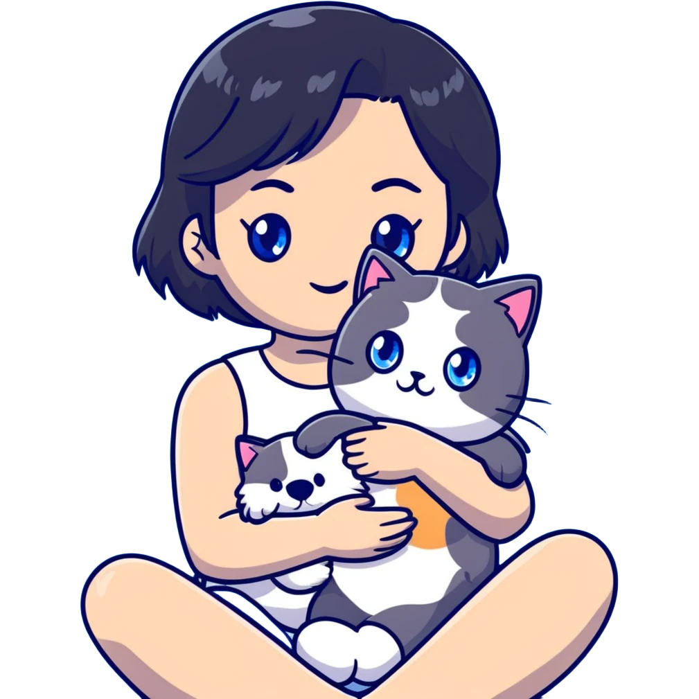 Cute Asian girl with black hair cradling a fluffy ragdoll cat with blue eyes emoji