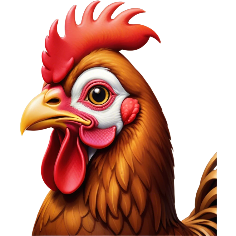 Cinematic Noble Brown Rooster Portrait Emoji, Poised and regal, with a robust, commanding build and a rich, well-groomed brown plumage, deep-set soulful warm eyes, Simplified yet sharp and sophisticated features, highly detailed, glowing with a soft, dignified glow, high shine, intelligent and proud, stylized with an air of rustic majesty, focused and attentive, soft glowing outline, capturing the essence of a watchful and confident leader, so majestic it feels as though it could crow out of the screen with effortless authority! emoji