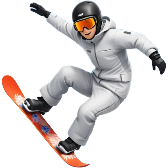 An icon showing a snowboarder performing an exciting jump on a snow-covered slope. The background features towering mountains, snow-covered trees, and a bright, clear sky. Transparent background highlights the speed, agility, and thrill of snowboarding. emoji